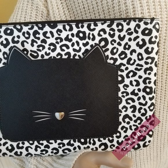 NWT KATE SPADE LARGE ZIP POUCH MEOW MULTI BLACK WHITE LEOPARD DOTS WLR00592